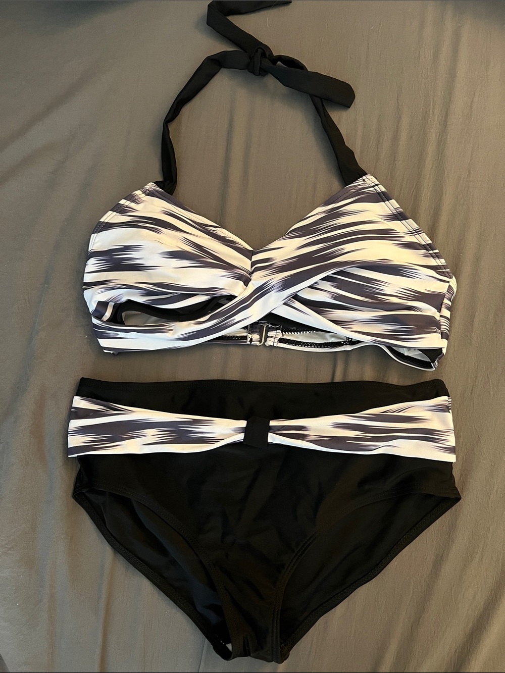 Two-Piece Black, White, & Purple Halter Swim Set